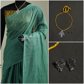 Green - Nazaakat Kota Doria Cotton Plain Saree with Blouse & Jewellery Set 19