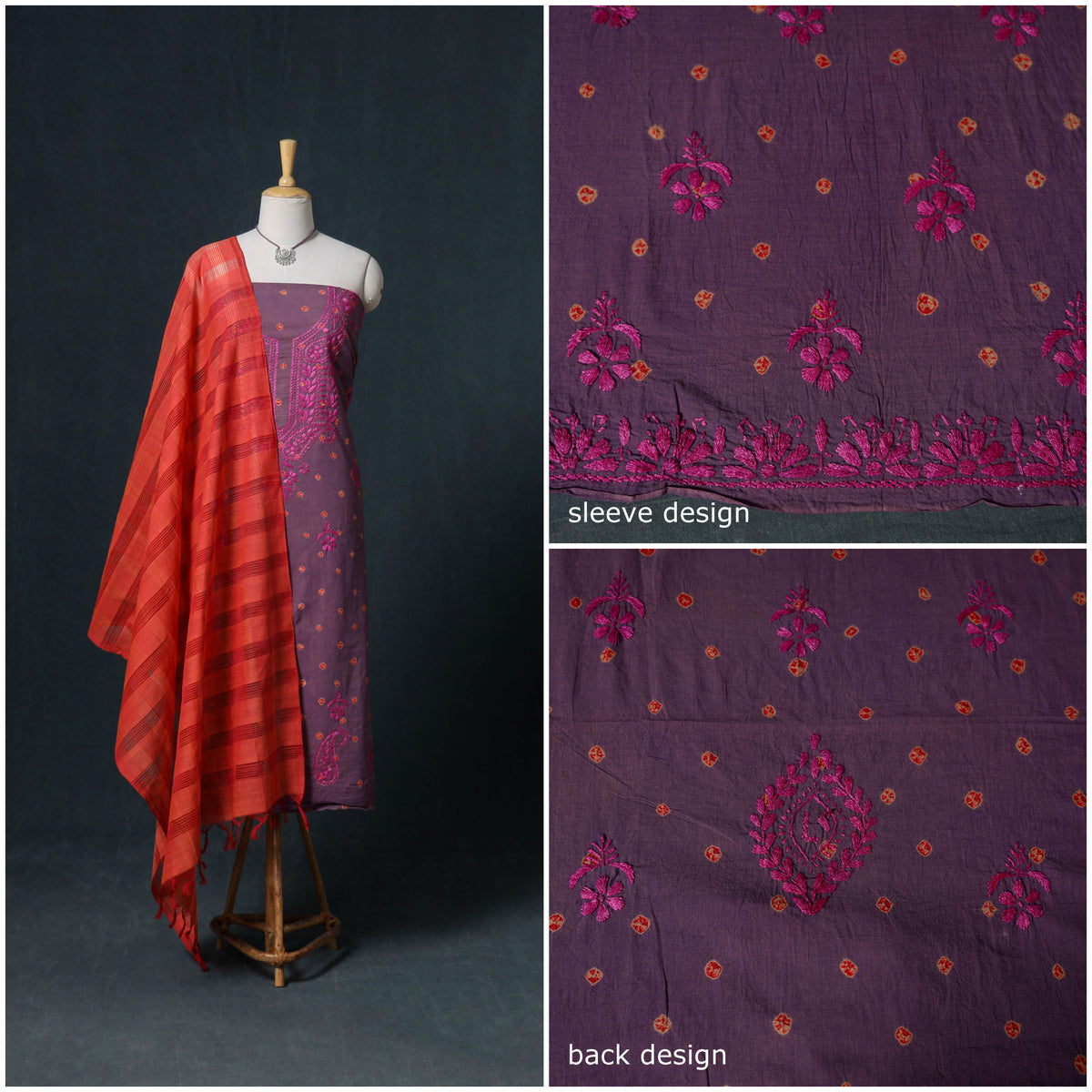 Lucknowi Chikankari Hand Work Unstitched Dress Material: Kurta & Dupatta with Jewellery 19