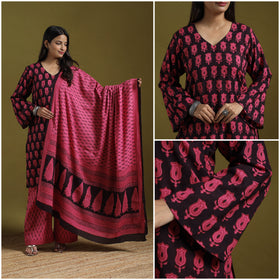 Natural Dyed Hand Block Bagh Print Cotton Suit Set with Dupatta for Women 20