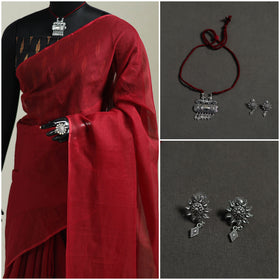 Red - Nazaakat Kota Doria Cotton Plain Saree with Blouse & Jewellery Set 153