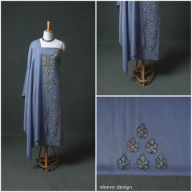 Kashmiri Aari Hand Embroidered Pure Merino Wool Unstitched Dress Material: Kurta, Bottom with Dupatta 19