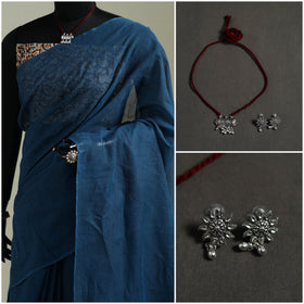 Blue - Nazaakat Kota Doria Cotton Plain Saree with Blouse & Jewellery Set 47