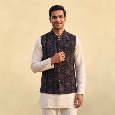Sambalpuri Ikat Weave Cotton Men Nehru Jacket 15