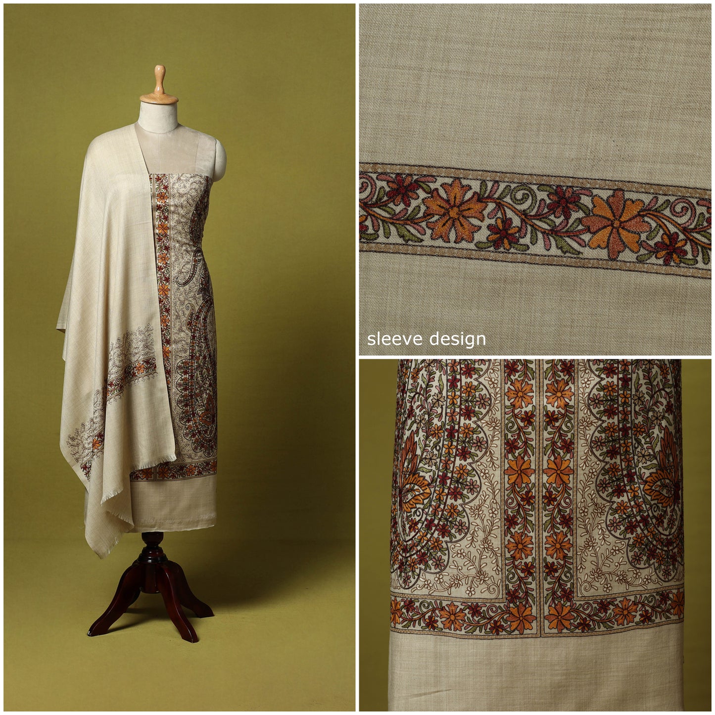 Beige - 3pc Heavy Chain Stitch Embroidered Merino Wool Unstitched Dress Material 28