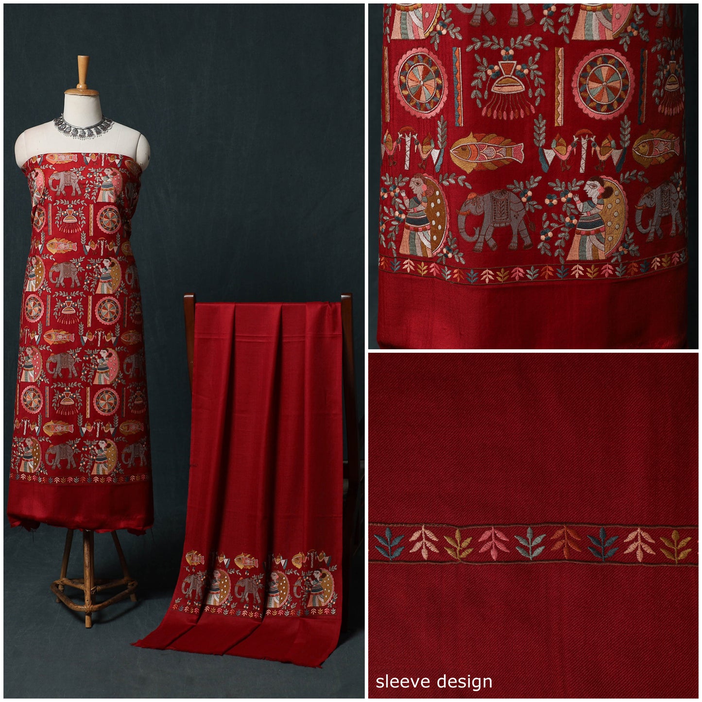 3pc Heavy Embroidered Wool Unstitched Dress Material Suit Set 23