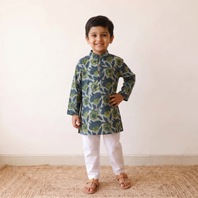 Green - kids pure cotton kurta in bagru block prints (3-4