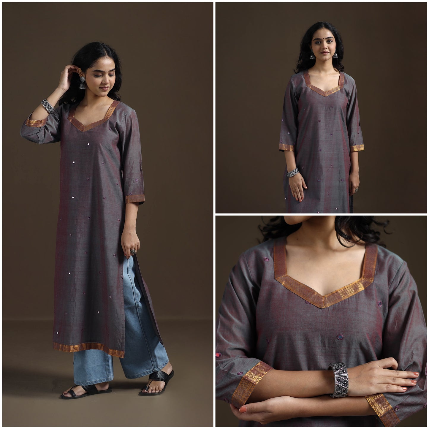 Mangalagiri Pure Handwoven Cotton Mirror Work Straight Kurta for women 03