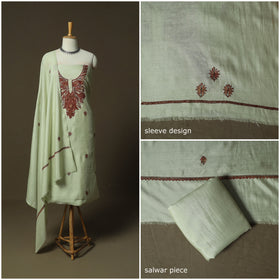 Green - Sozni Hand Embroidery Pure Silk 3pc Unstitched Dress Material Suit Set 29