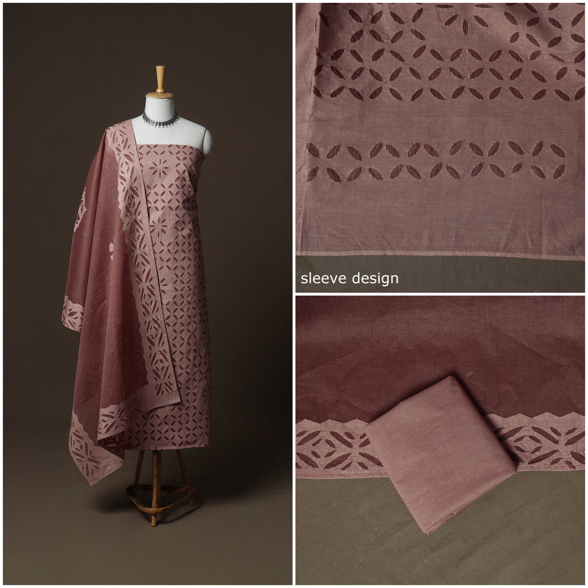 Applique Cutwork Cotton Unstitched Dress Material: Kurta, Bottom & Dupatta 19