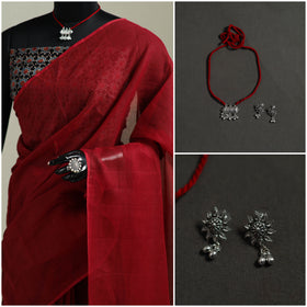 Red - Nazaakat Kota Doria Cotton Plain Saree with Blouse & Jewellery Set 181