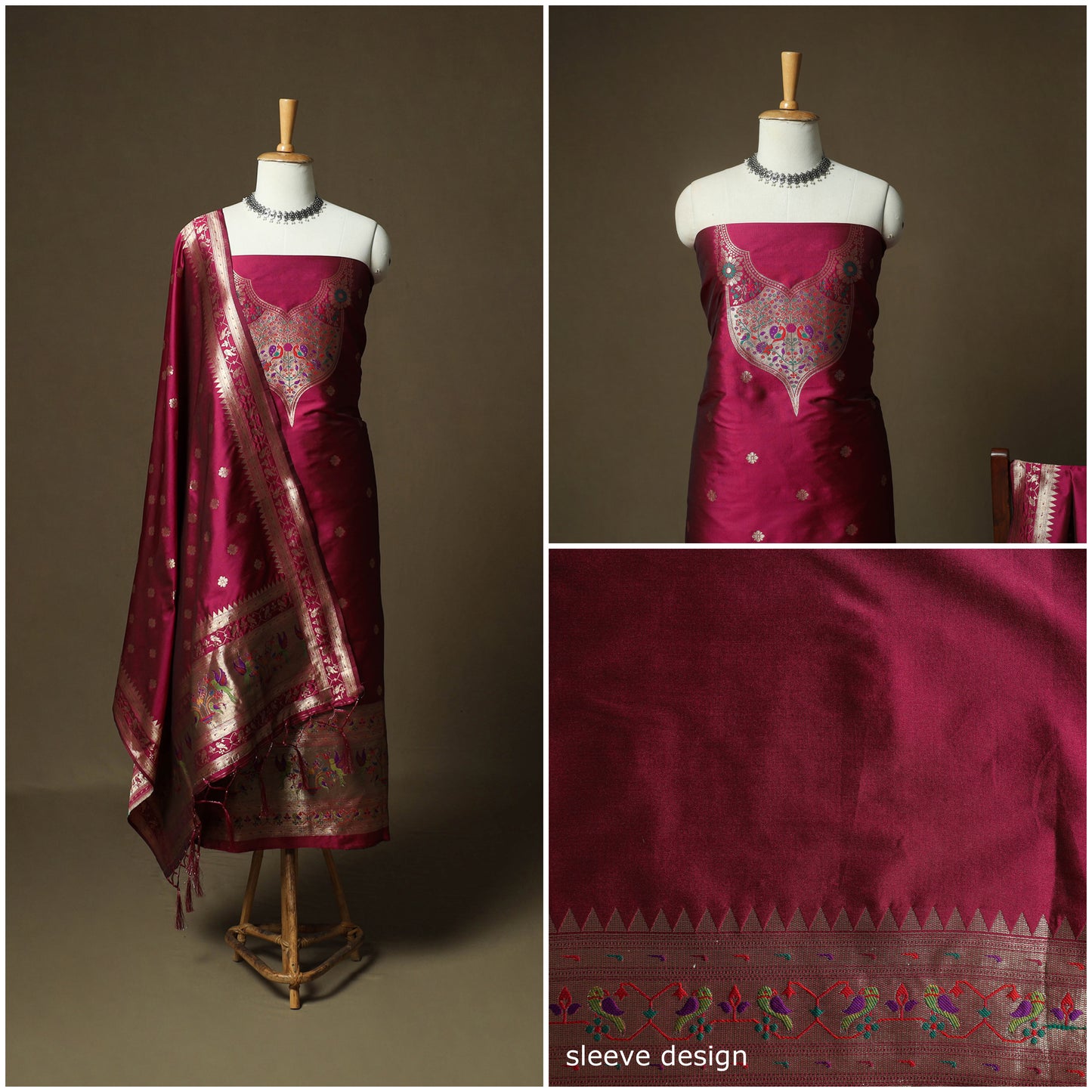Pink - Bangalore Silk Paithani Weave 3pc Unstitched Dress Material Suit Set 19
