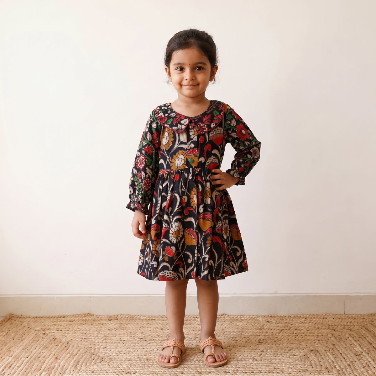 Black - pure cotton girls frock dress in kalamkari prints