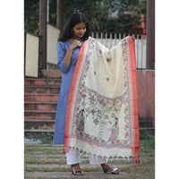 White - Madhubani Hand-Painted Cotton Dupatta