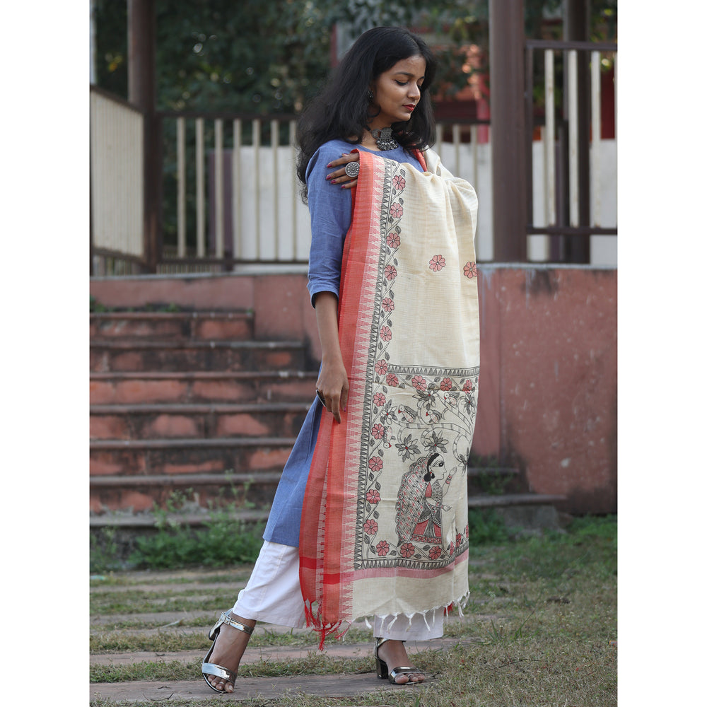 White - Madhubani Hand-Painted Cotton Dupatta