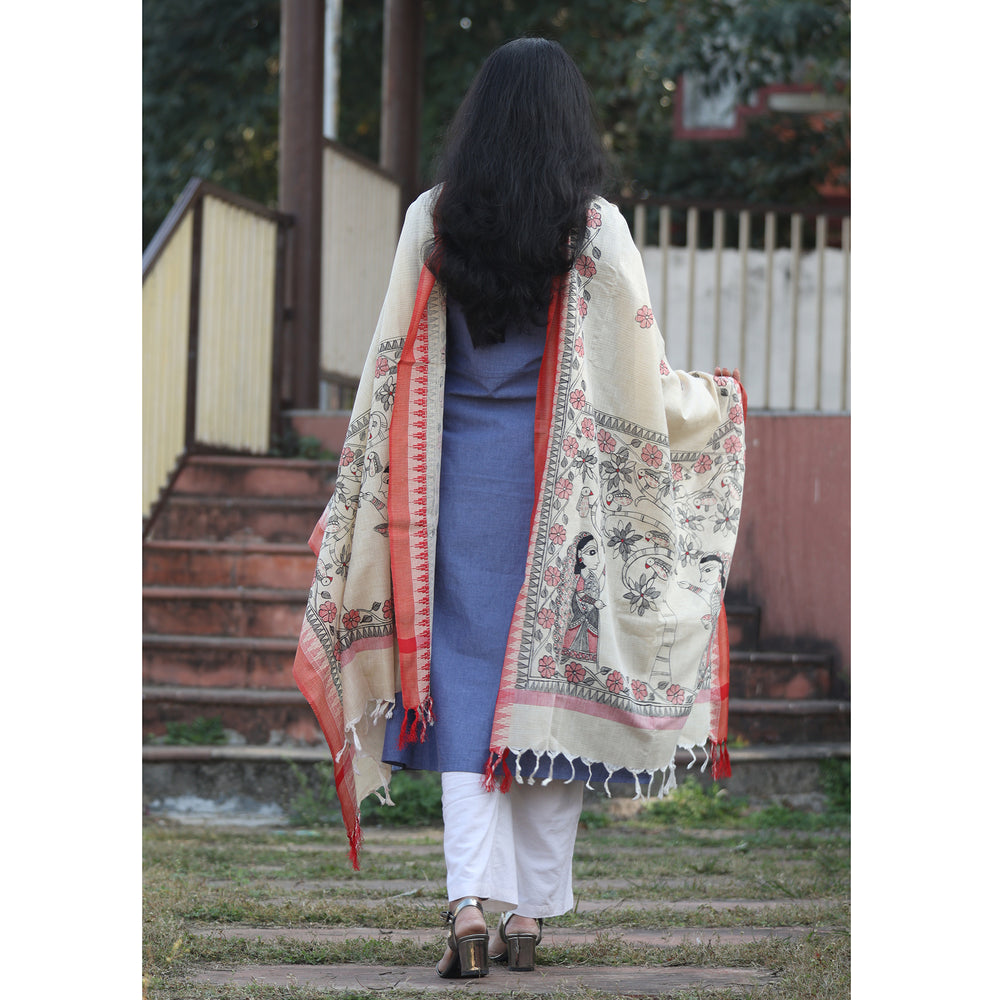 White - Madhubani Hand-Painted Cotton Dupatta