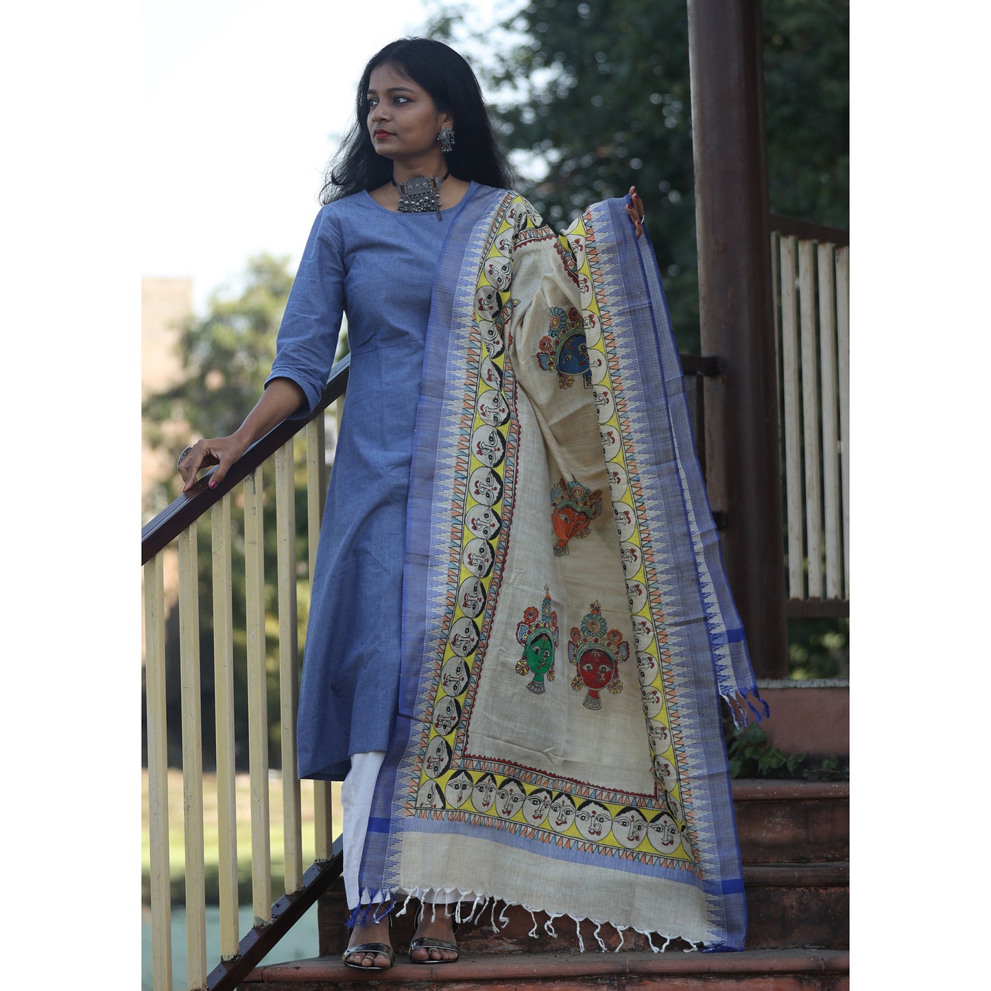 White - Madhubani Hand-Painted Cotton Dupatta