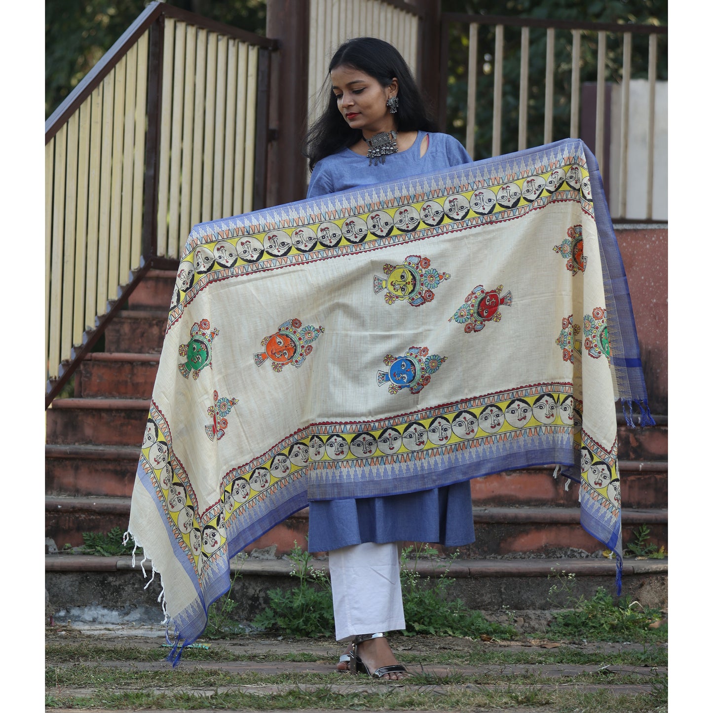 White - Madhubani Hand-Painted Cotton Dupatta