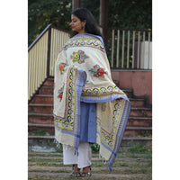 White - Madhubani Hand-Painted Cotton Dupatta