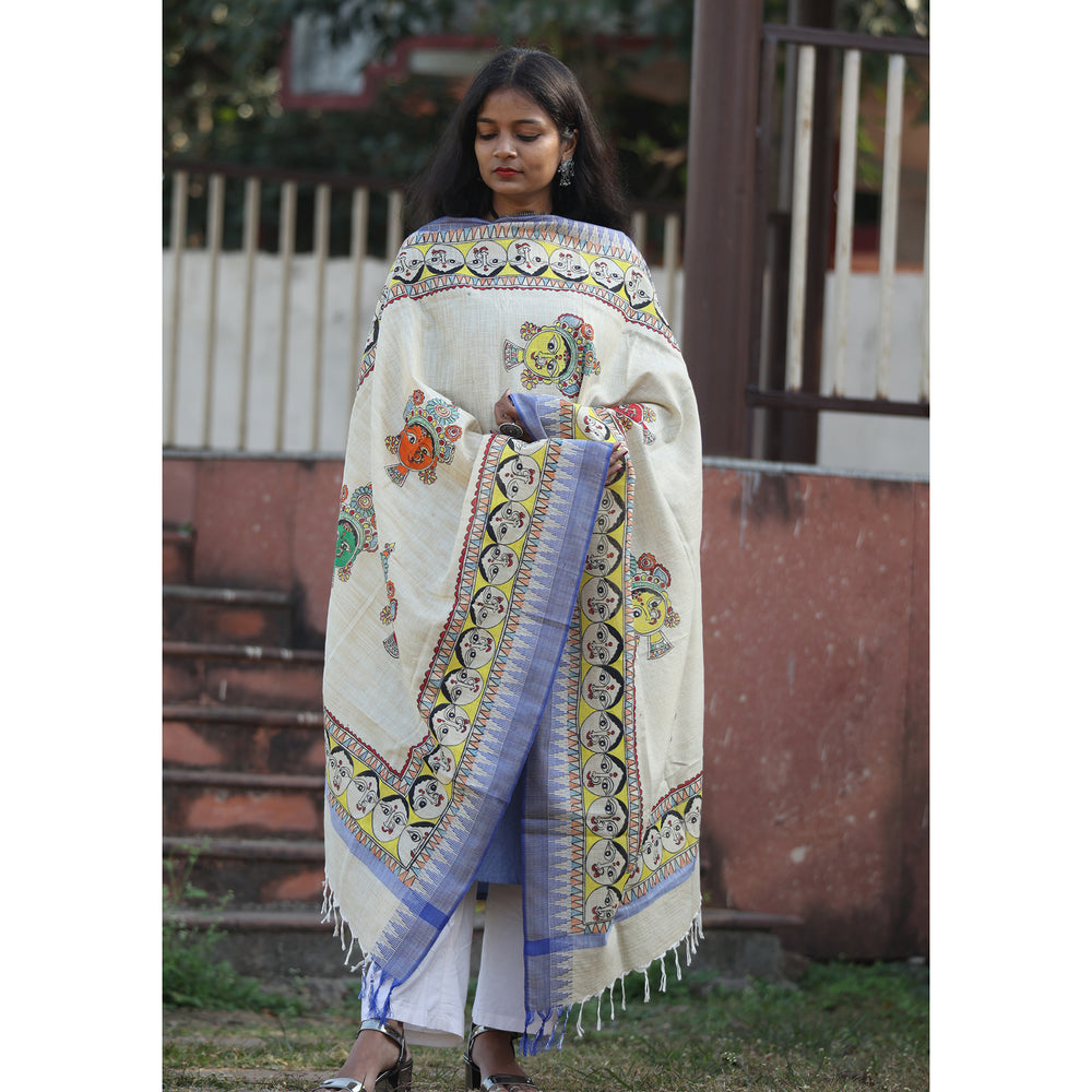 White - Madhubani Hand-Painted Cotton Dupatta