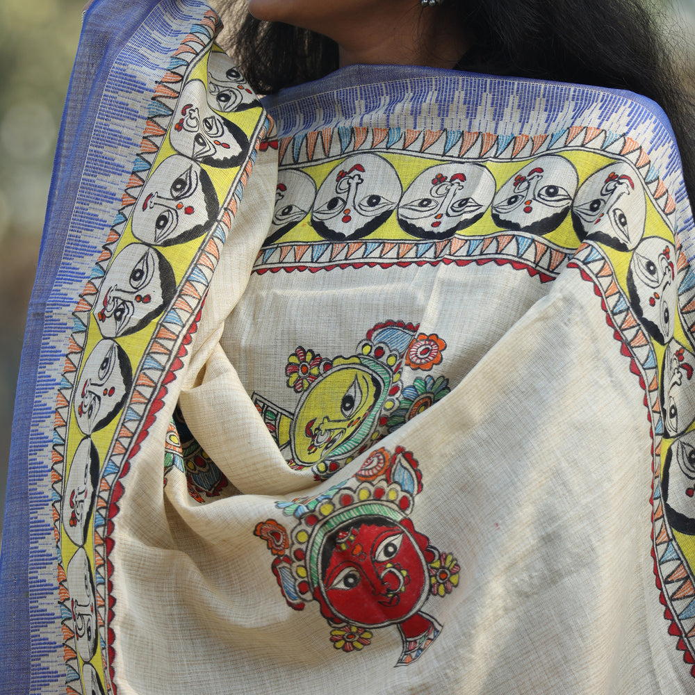 White - Madhubani Hand-Painted Cotton Dupatta