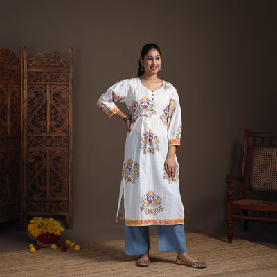 Gota Work Floral Sanganeri Block Print Cotton Straight Long Kurta for Women 07