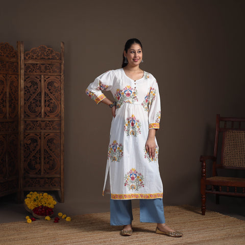 Gota Work Floral Sanganeri Block Print Cotton Straight Long Kurta for Women 07