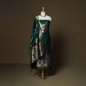 Green - Bangalore Silk Paithani Weave 3pc Unstitched Dress Material Suit Set 01