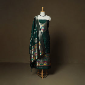 Green - Bangalore Silk Paithani Weave 3pc Unstitched Dress Material Suit Set 01