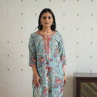 Blue - Block Printed Cotton Gota Work Long Sanganeri Kurta 01