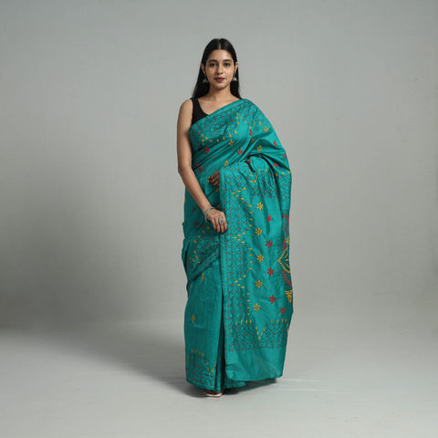 Green - Handcrafted Bengal Nakshi Kantha Work Silk Saree 21