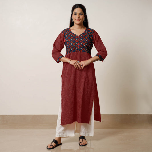 Red - Running Stitch Cotton Straight Kurta with Ajrakh Patchwork 13