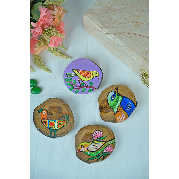 Teak Wood Handpainted Chirping Coasters- Set of 4