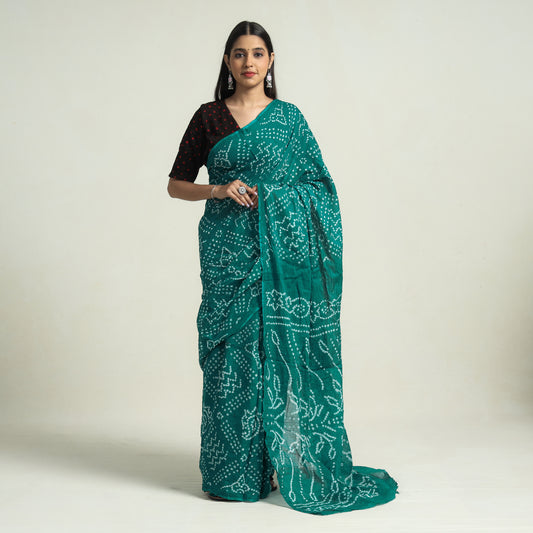 Green - Kutch Bandhani Tie-Dye Cotton Saree with Blouse Piece