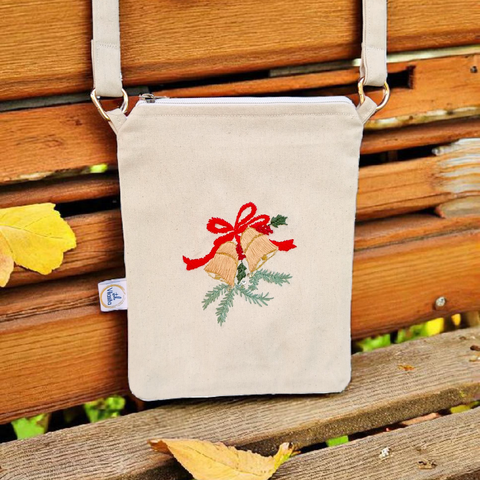 Beige - Christmas Bell - Hand Embroidered Sling Bag