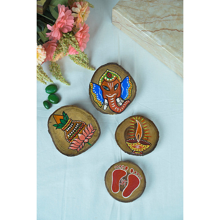 Teak Wood Handpainted Vinayak Coasters- Set of 4