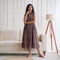 Pedana Kalamkari Hand Block Print Cotton Sleeveless Buttoned Down Long Dress for Women 16