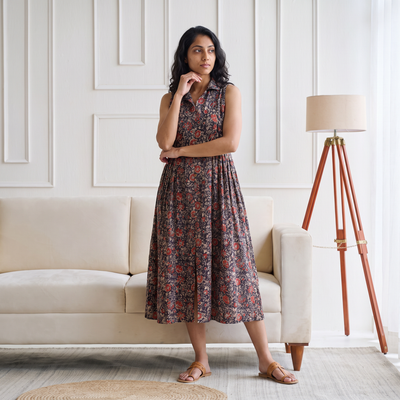 Pedana Kalamkari Hand Block Print Cotton Sleeveless Buttoned Down Long Dress for Women 16