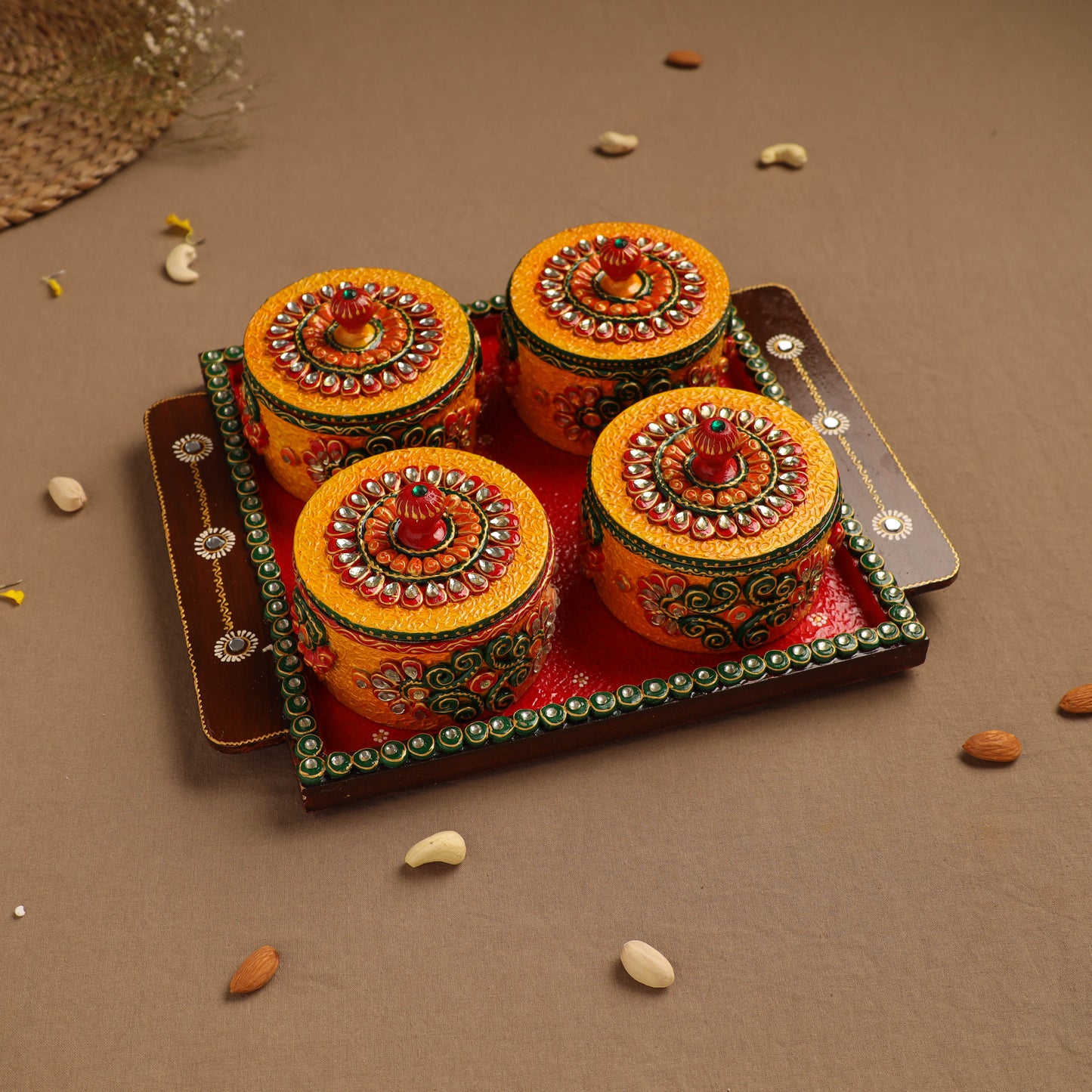 Diwali Decor Handpainted Wooden Dry Fruit Tray with 4 Bowls