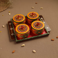 Diwali Decor Handpainted Wooden Dry Fruit Tray with 4 Bowls