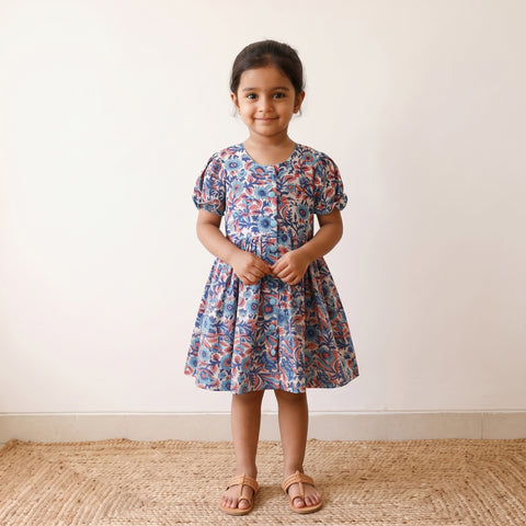 Blue - Pure Cotton Girls Frock Dress in Sanganeri Floral Prints (3-4 Years) 22