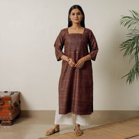 Brown - Bhagalpuri Handwoven Desi Tussar Silk Pintuck Straight Kurta 17