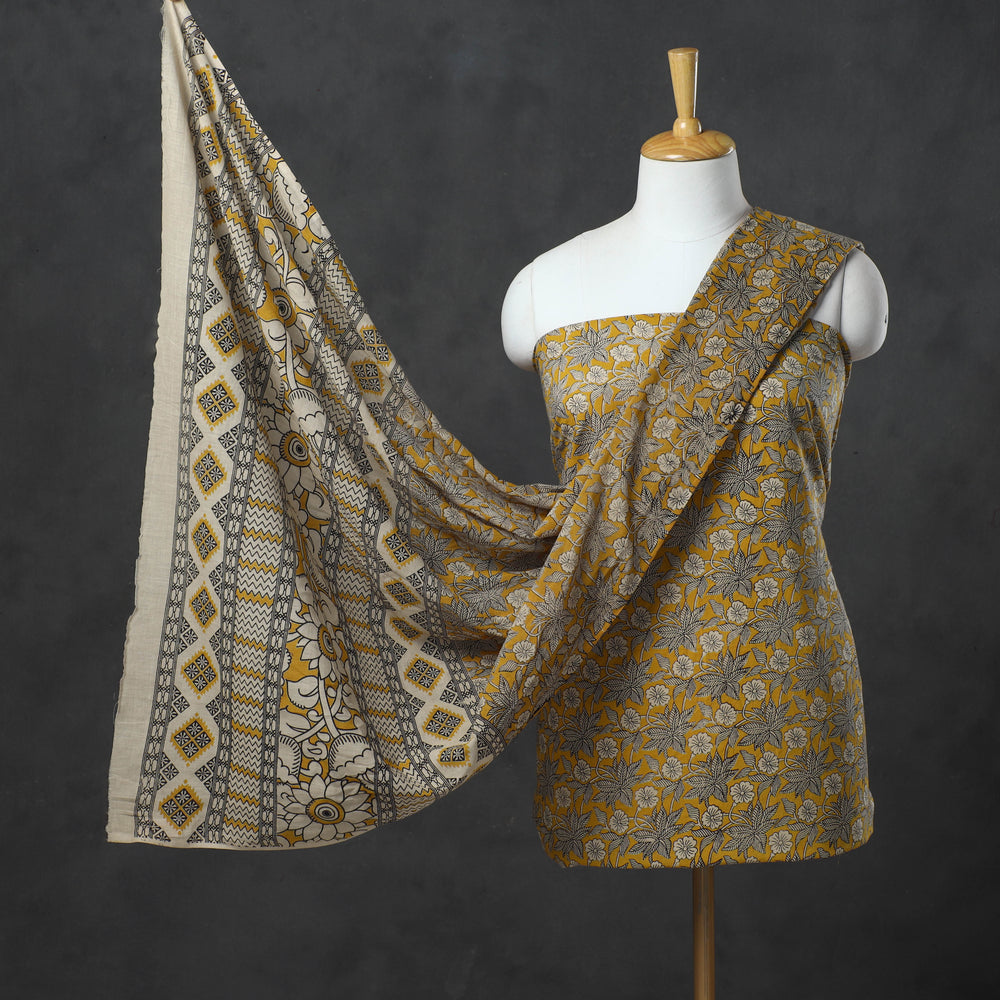 Yellow - 3pc Kalamkari Print Cotton Dress Material 01