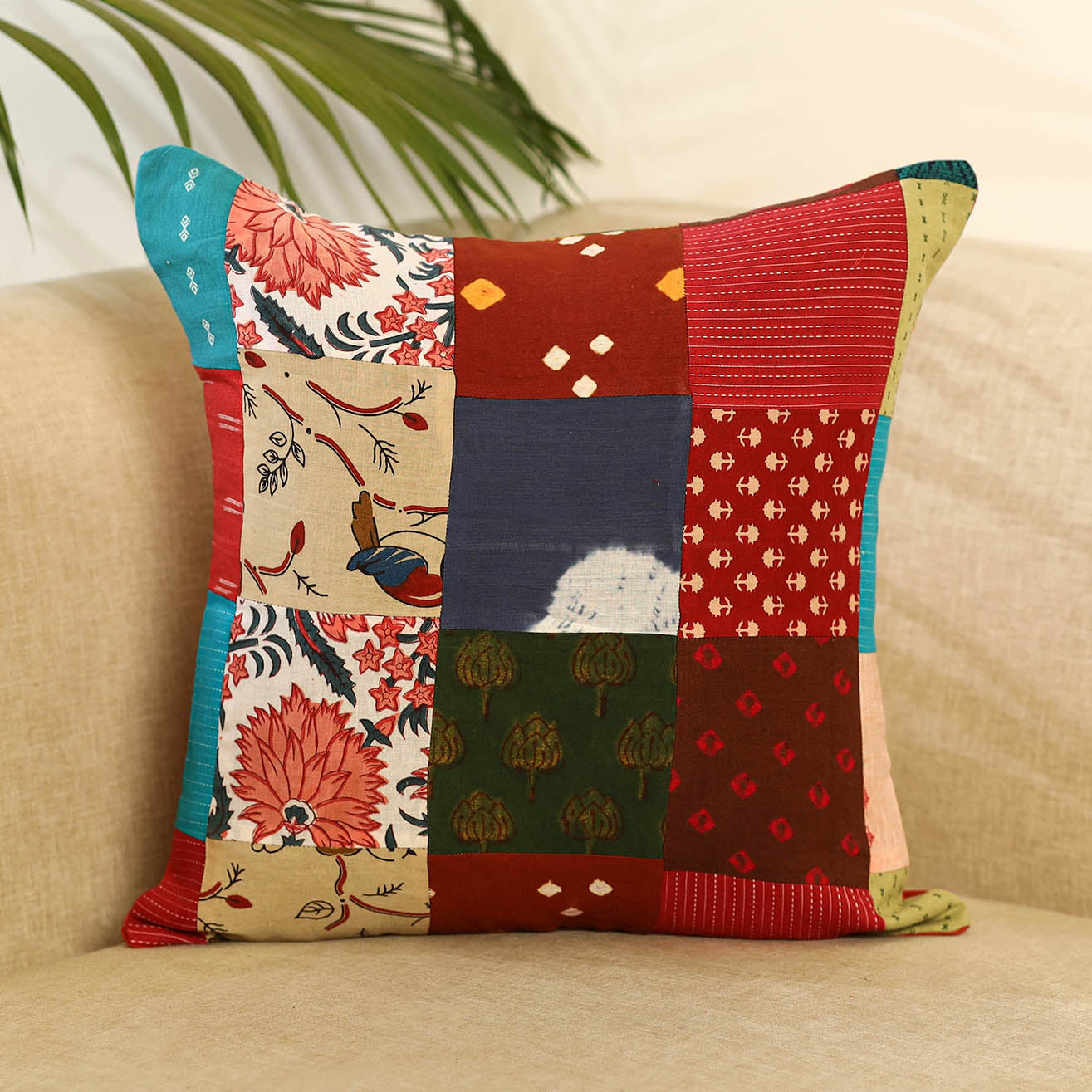 Buy Multicolor Handcrafted Cotton Patchwork Cushion Cover