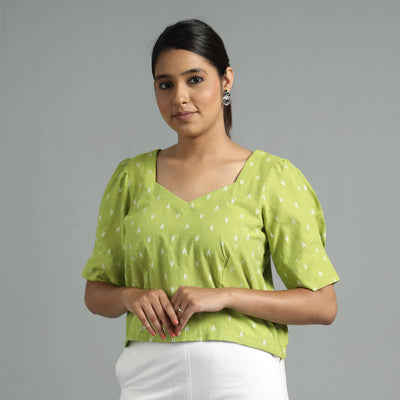 Light Green Jacquard Half Sleeve Cotton Crop Top