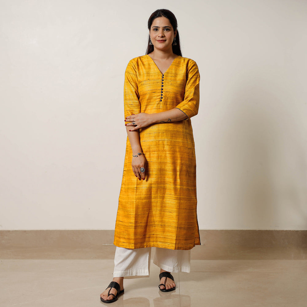 Yellow - Bhagalpuri Handwoven Desi Tussar Silk Long Straight Kurta