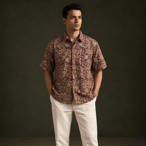 Men Half Sleeve Pedana Kalamkari Block Print Cotton Shirt 06