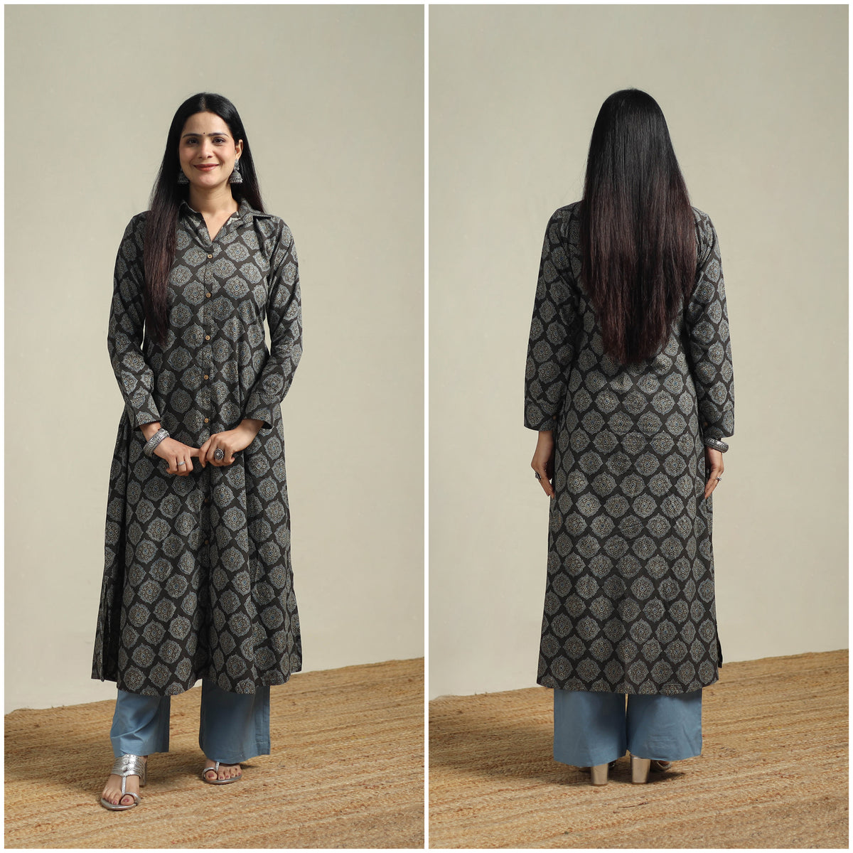Ajrakh hand block print natural dyed cotton button down a-line long kurta for women