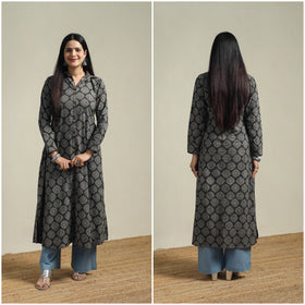 Ajrakh hand block print natural dyed cotton button down a-line long kurta for women