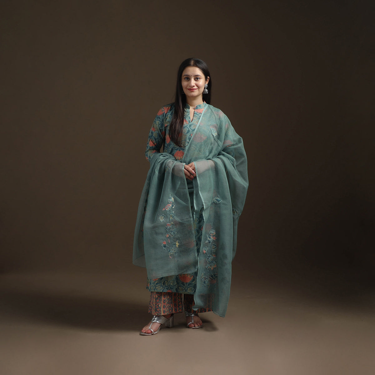Sanganeri Floral Print Cotton Suit Set with Applique Dupatta for Women 04