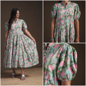 Sanganeri Floral Hand Block Print Cotton Tiered Long Dress for Women 11